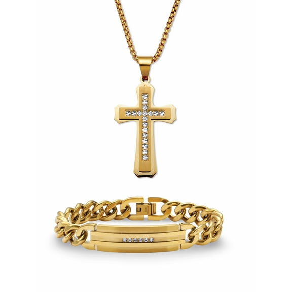 American Exchange Men's Round Crystal Gold Ion-Plated Stainless Steel Cross Pendant Necklace And Bracelet Set, 26 Inch Chain