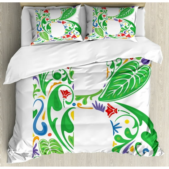 Letter B Duvet Cover Set King Size, Capital with Spring Herbs Flowers Petals Leaves Nature Harvest Swirls Vivid Image, Decorative 3 Piece Bedding Set with 2 Pillow Shams, Multicolor, by Ambesonne