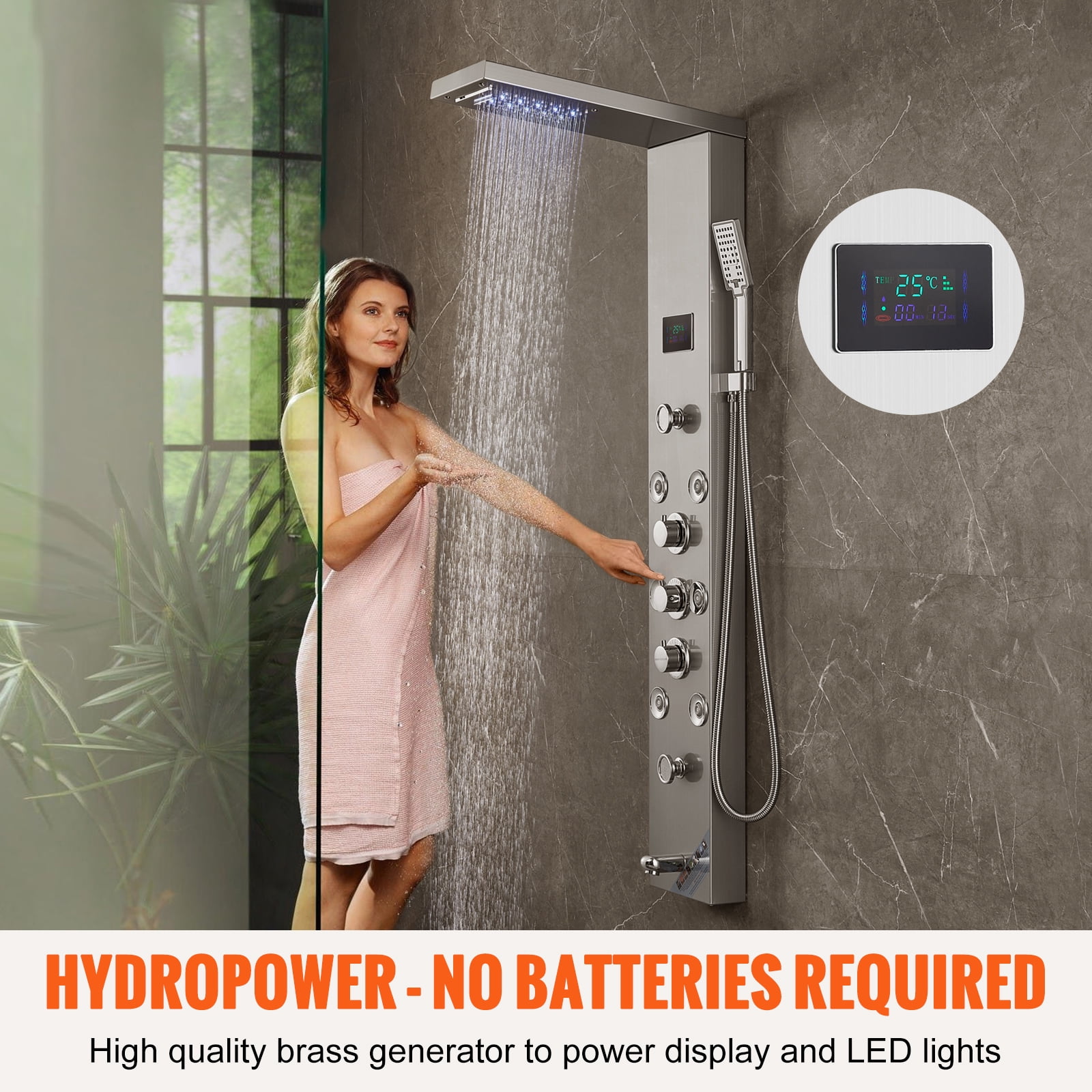 KFFKFF Shower Panel Tower System 6 Modes Hydroelectricity LED Stainless Steel