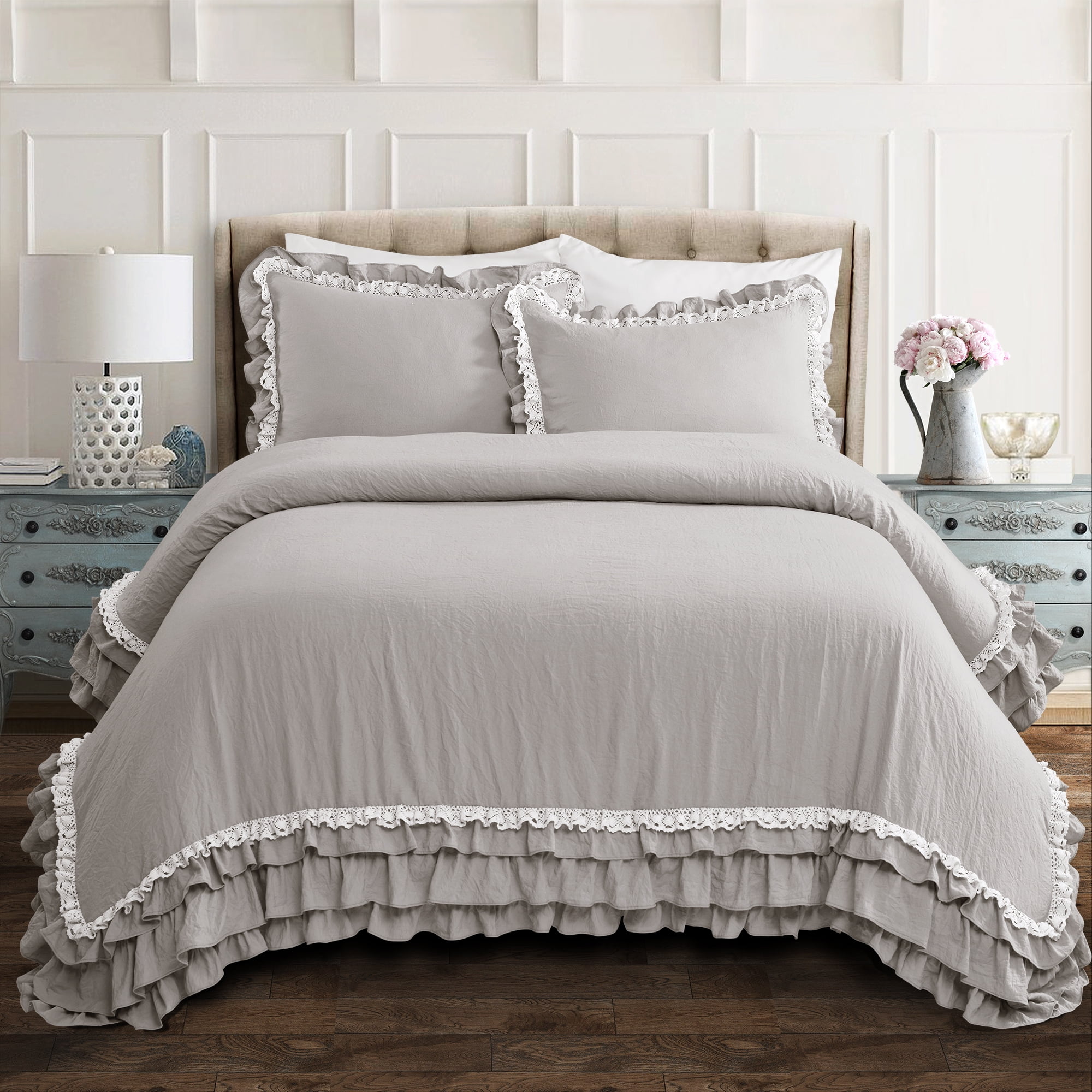 3 Pieces Gray Farmhouse Check Comforter Set with Pillow Shams 