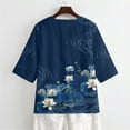 thumbnail image 5 of Xoenoiee Blue Lotus Flower Cloud Water Ripple Print Women Linen Button Down Shirt Rolled Cuffed 3/4 Sleeve Blouse Ladies Summer Casual V Neck Beach Cotton Tops, 4XL, 5 of 7