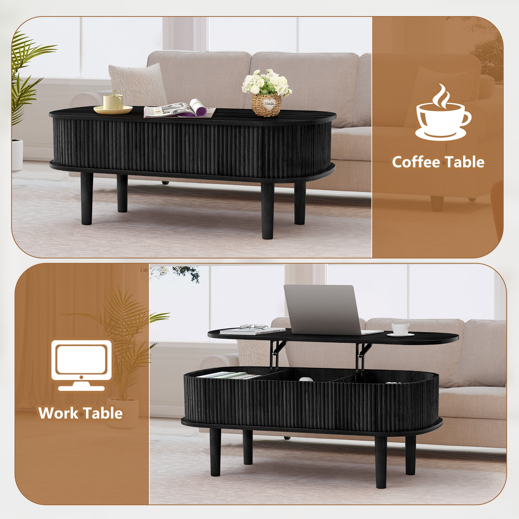 PHOYAL Wood Lift Top Coffee Table with Storage, Fluted Oval Coffee Table with Hidden Compartments for Living Room, Black
