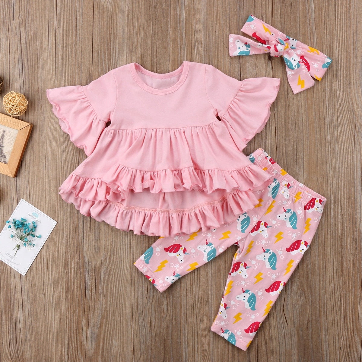 Cotrio Newborn Baby Girls Romper Outfit Inafnt Toddler Floral Pants Clothes Set with Headband