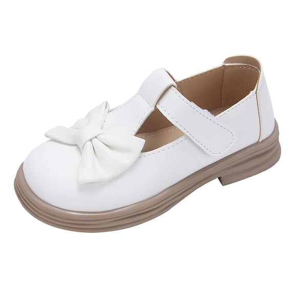 GiLiling Girls Mary Jane Dress Shoes, Closed-Toe Flats with Bow, Chunky Non-Slip Rubber Sole for Parties School (White, 4-4.5 Years)
