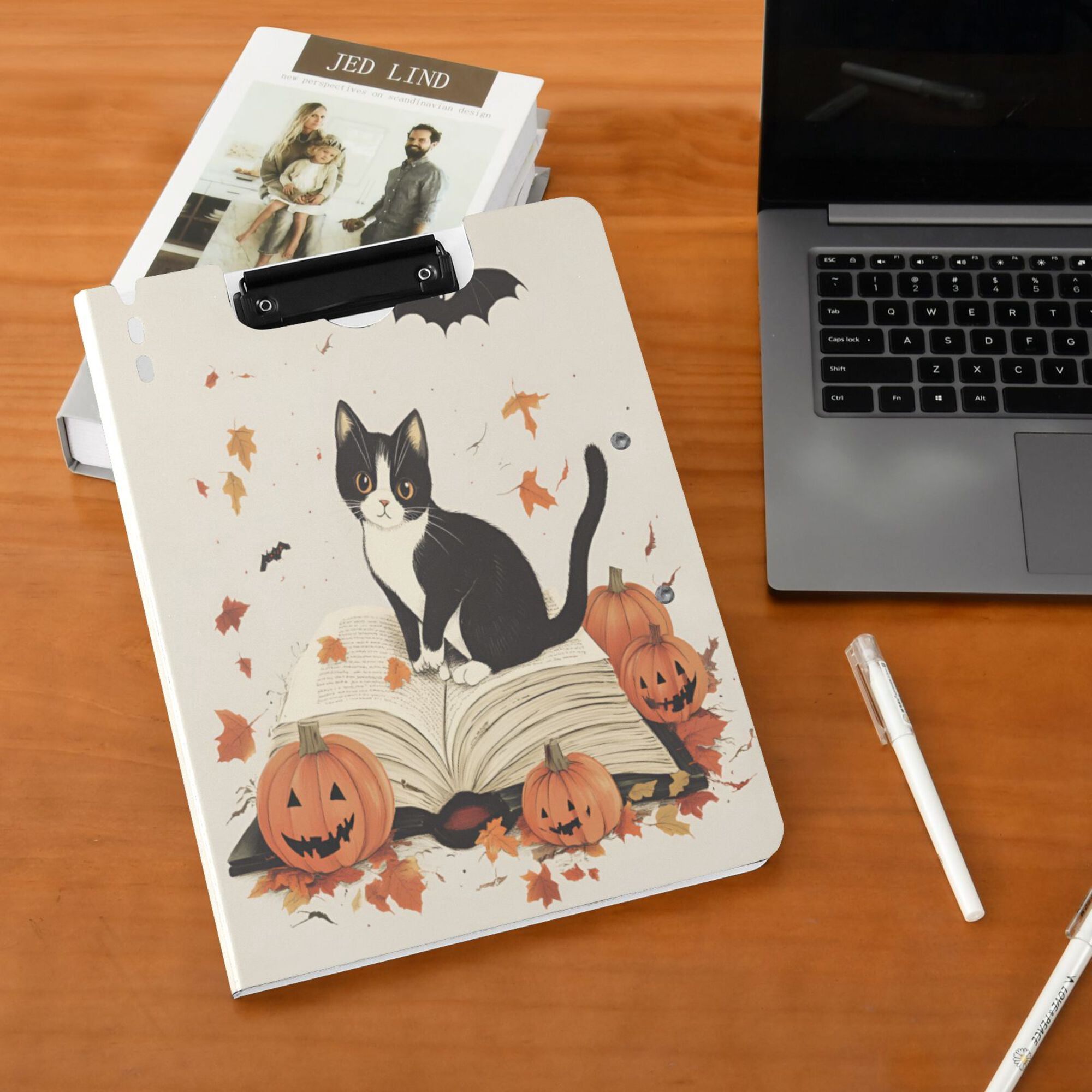 FORMRS A4 Clipboard Folder with Pen Holder Horizontal Foldable School Office Binder, Gray Cartoon Halloween Cat