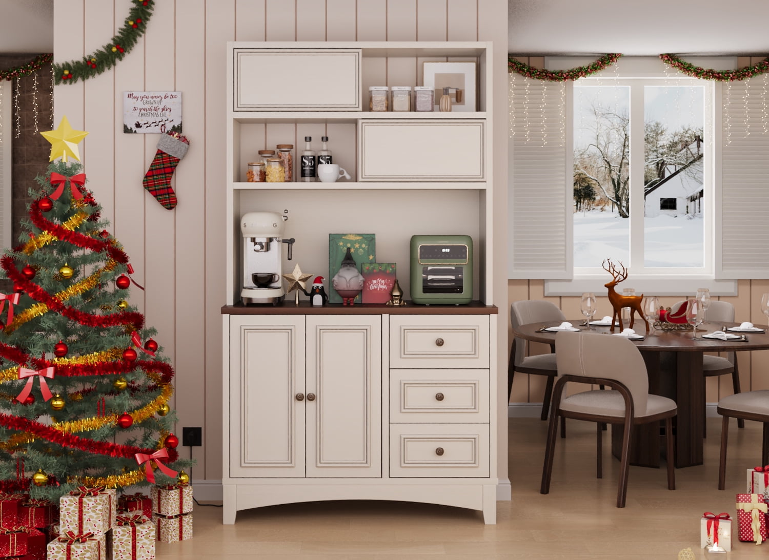 71" Kitchen Pantry with Charging Station, Freestanding Cupboard with Adjustable Shelves, Floor Cabinet for Living Room, Antique White