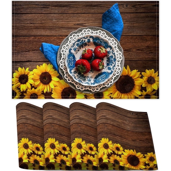 MIZHONA Brown Wood Placemats Set of 4 Sunflower Linen Double-Sided Dining Table Place Mats for Dining Table Decor 12x18 in