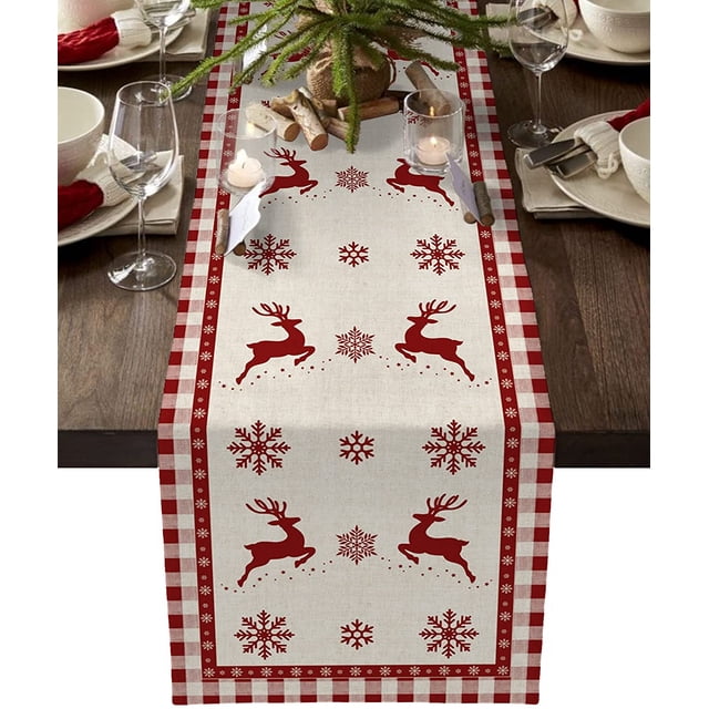 Camino de mesa navideño, camino de mesa rústico con alce y copo de nieve navideño para vacaciones, fiesta de cumpleaños, cocina, mesa de comedor, decoración del hogar