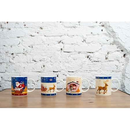 - All For You X975 Christmas New Bone China Mug with Christmas Gift Prints Santa, Christmas Deer -Set of 4, 12 Oz, Gift Box (4 Piece Assorted Color)