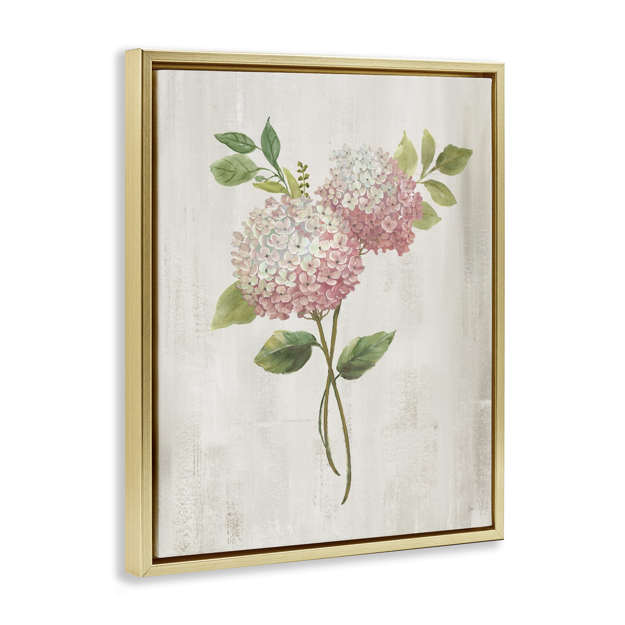 Stupell Industries Pink Hydrangea Paired Stems Gold Framed Floater Canvas Wall Art, design by Nan