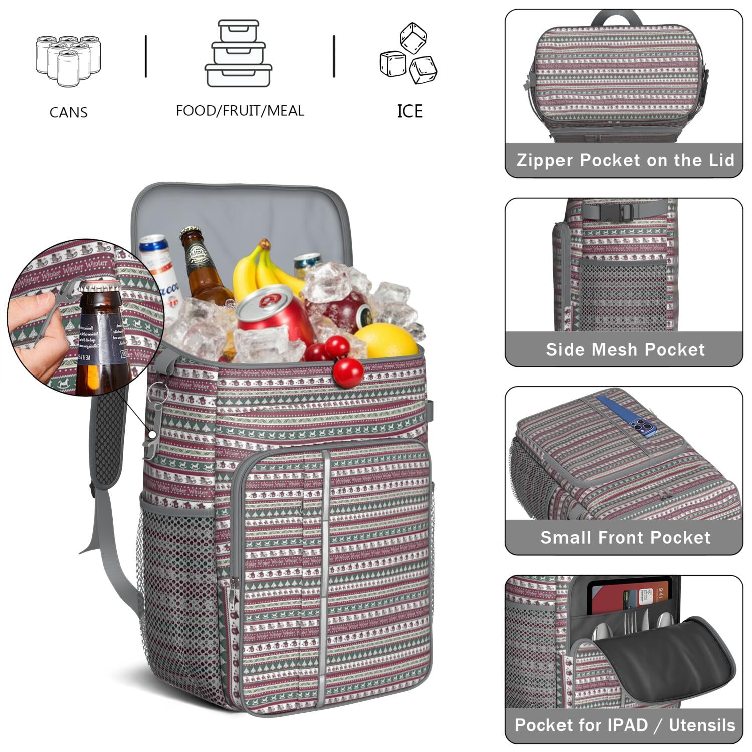 Travel Cooler Bag - Green and Red Christmas Pattern Camping Beer Cooler Backpack with Bottle Opener- Waterproof Insulated Picnic Backpacks - Cooler Bag for Beach