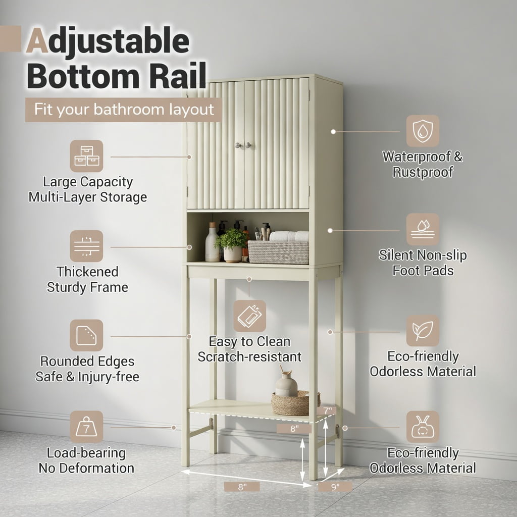 Hommoo Over-the-Toilet Storage Cabinet with Fluted Beige Doors, Adjustable Shelves & Bottom Bar, MDF Bathroom Organizer for Small Spaces, Beige