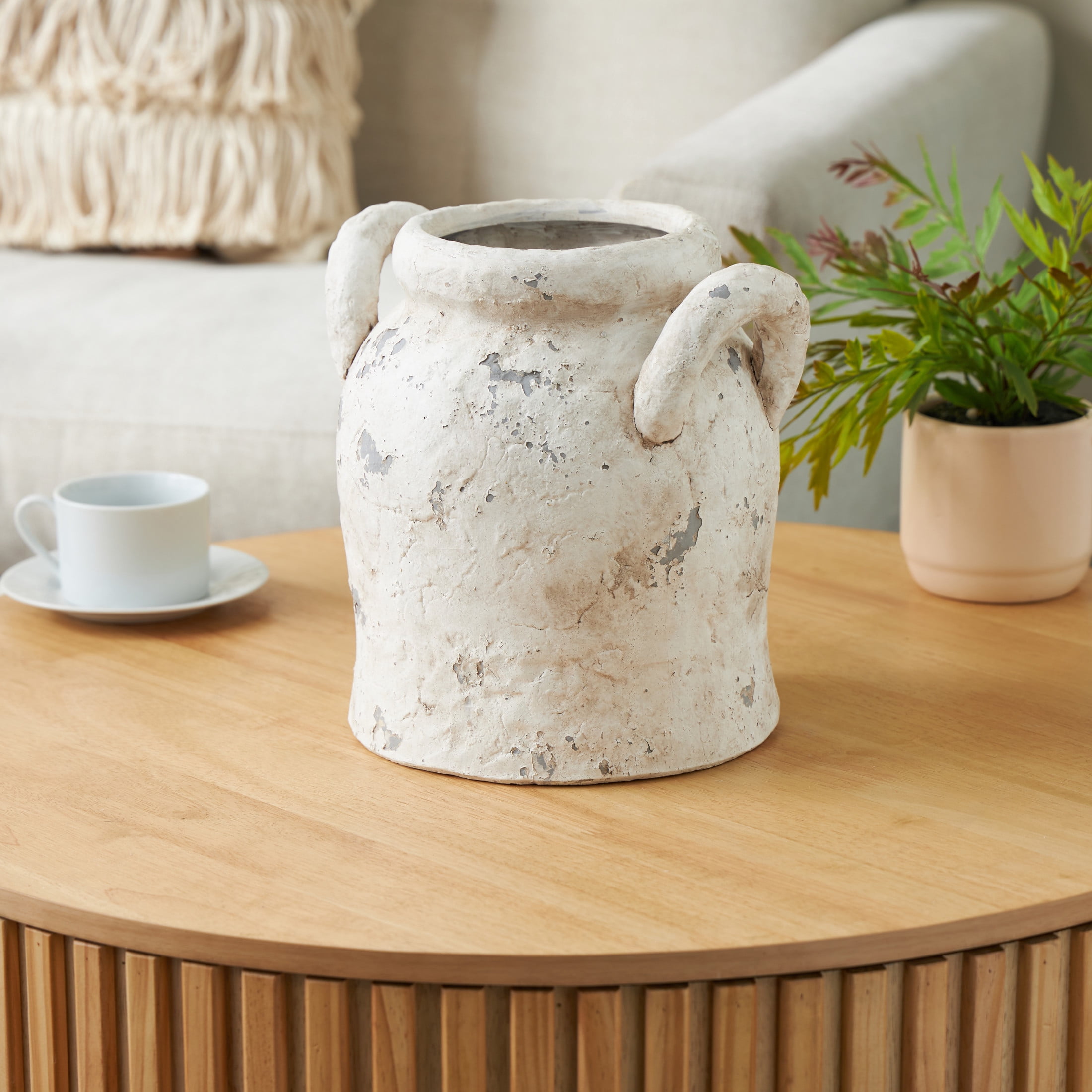 DecMode 11" Antique Style Distressed Cream Ceramic Vase with Handles
