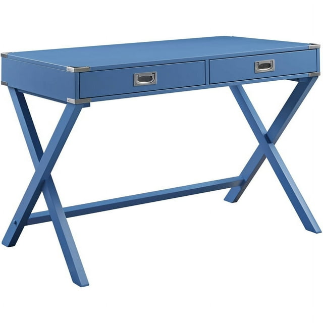 ACME Amenia Wooden Rectangular 2-Drawer Writing Desk with X-Shaped Base in Blue