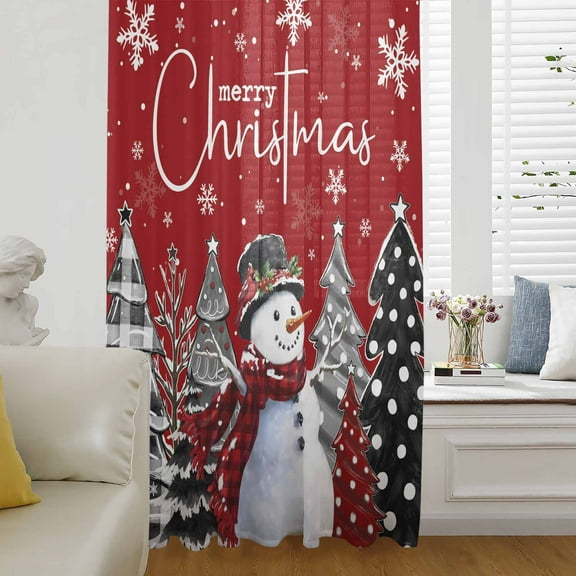 Red Christmas Semi Sheer Curtains Drapes for Living Room, Bedroom, French Doors Window 63 Inches Long, Xmas Snowman Snowflake Tree Black Grey Rod Pocket Chiffon Curtain Drapery Voile Draperies Panel