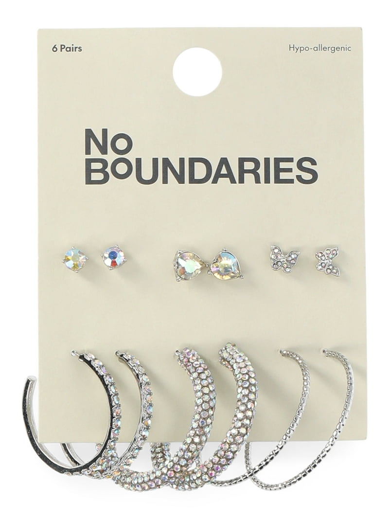 No Boundaries Rhinestone Hoop and Post Earrings Set Pairs Silver