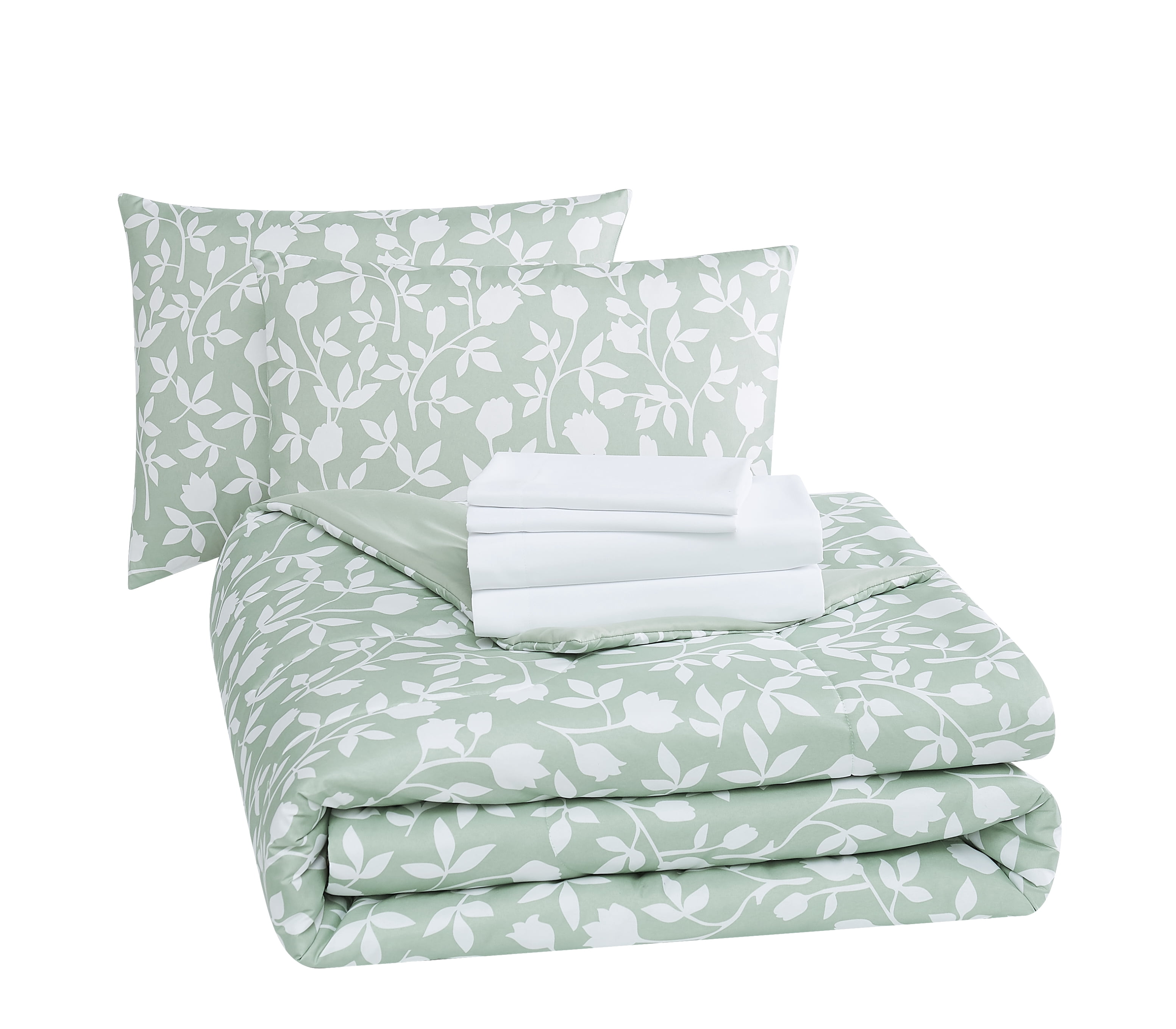 Mainstays 7 Piece Reversible Bed in a Bag Comforter Set with Sheets, Green Floral, Queen