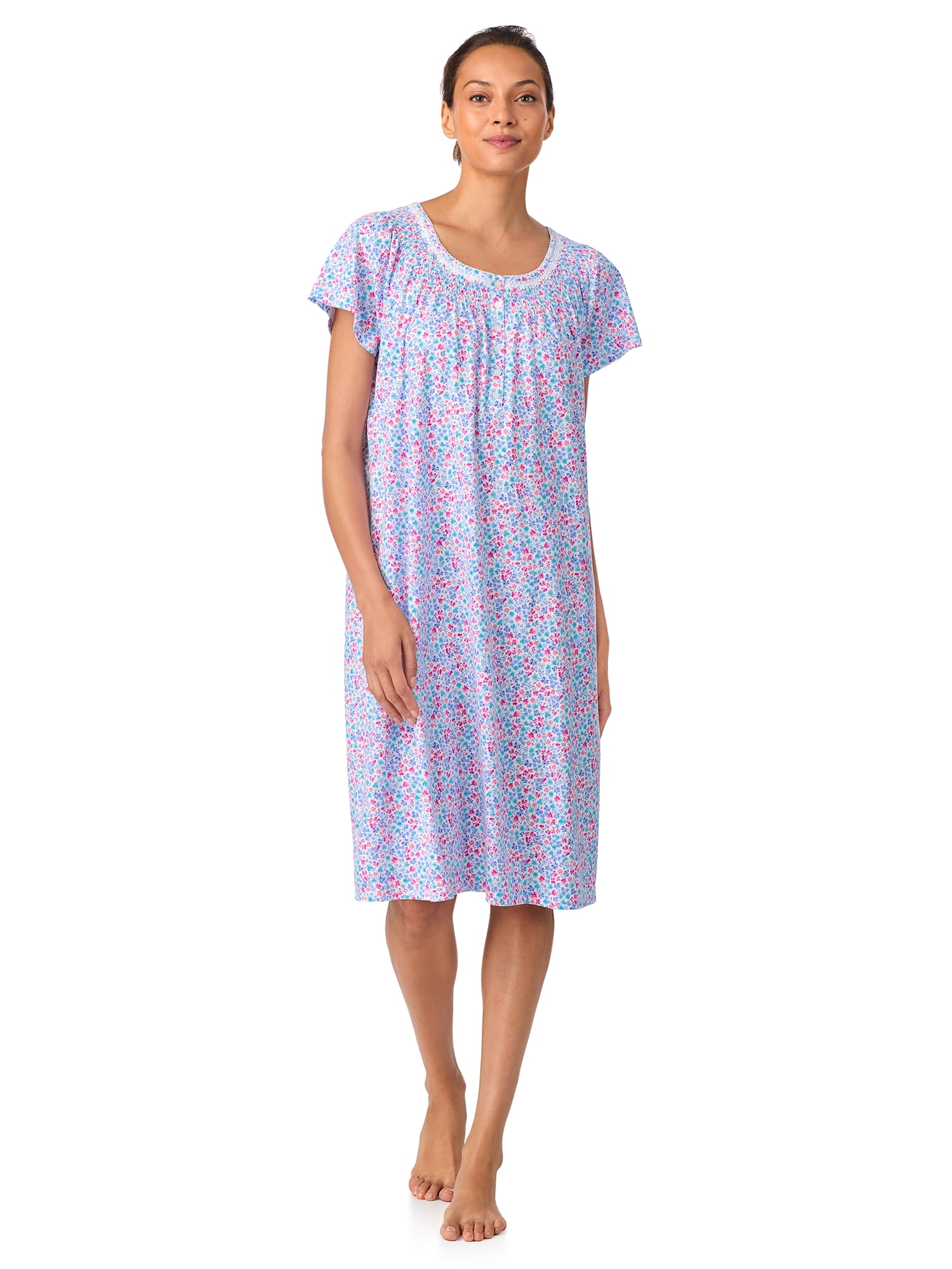 Aria Women's 100% Cotton Raglan Sleeve Smocked Neck 40" Sleepwear Gown, Sizes XS-5X