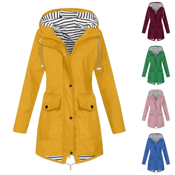Women's Travel Friendly Mid Length Rain Jacket Waterproof Windproof Hooded Drawstring Waist with Flap Pockets Striped Lined Coat for Vacation Yellow