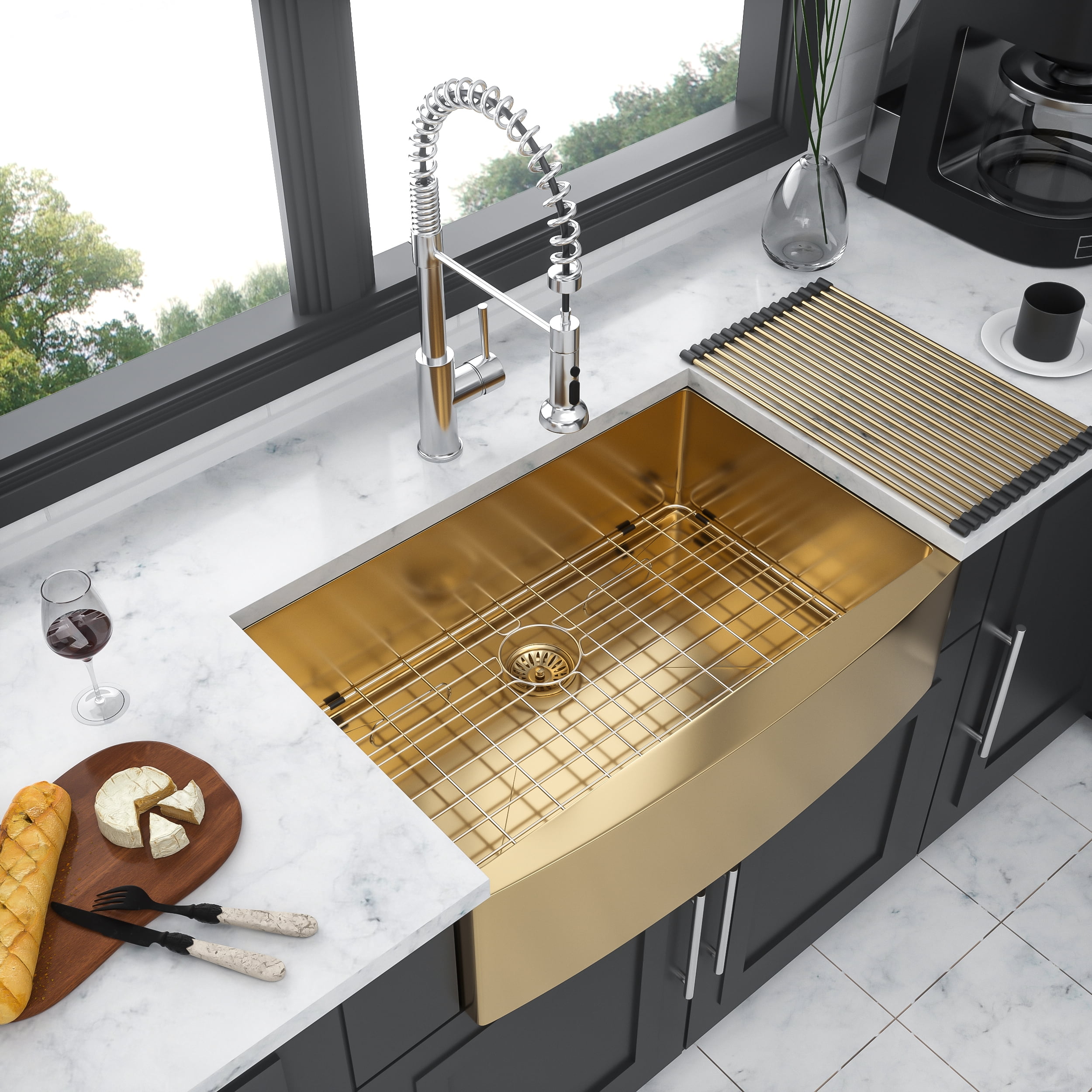 Izzovium 36 Inch Gold Farmhouse Sink - 16 Gauge Stainless Steel Apron Front Kitchen Sink with Nano-PVD Coating, Sound Proof & Easy Drain Design