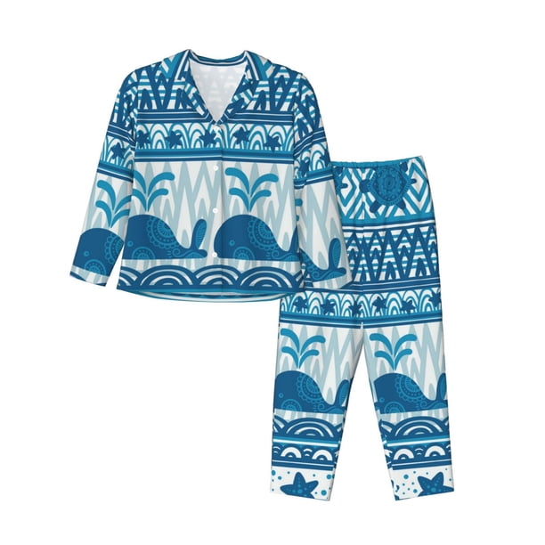 Balery Sea Underwater Animals Conjunto de Pijama con Estampado para Mujer, Conjunto de Dos Piezas con Manga Larga, Ropa de Dormir Suave con Bolsillos, Pijamas Cómodos-Large