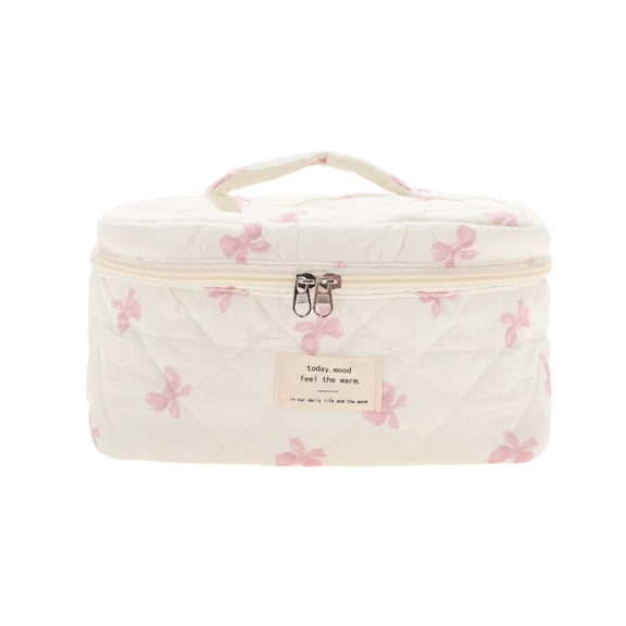 Unique Bargains 1 Pc Bow Handheld Quilting Makeup Bag for Women White, Pink