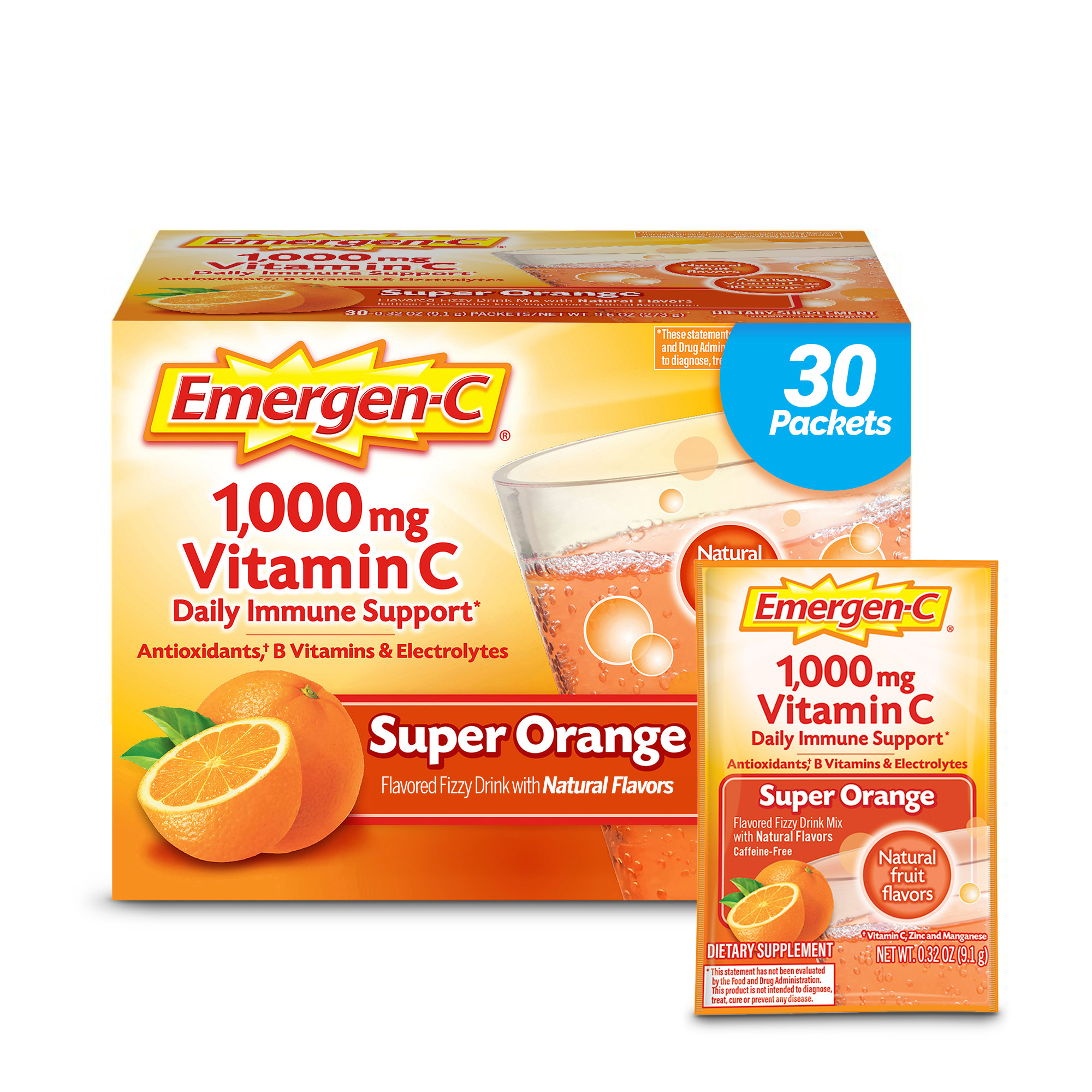 Emergen-C 1000Mg Vitamin C Powder for Immune Support Super Orange - 30 Ct