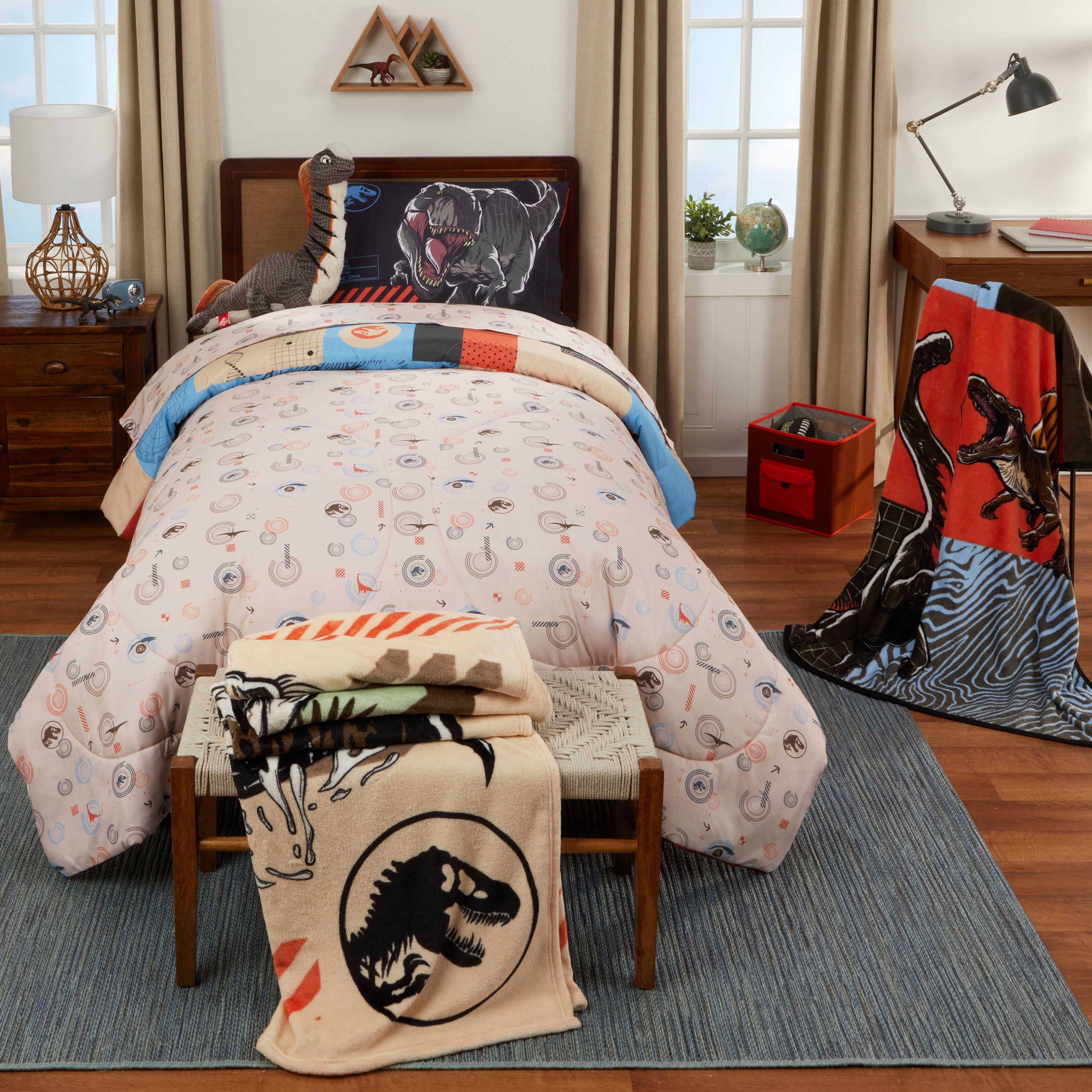 Jurassic World Kids 2 Piece Blue Orange Reversible Dinosaur Comforter and Pillowcase set, Twin/full