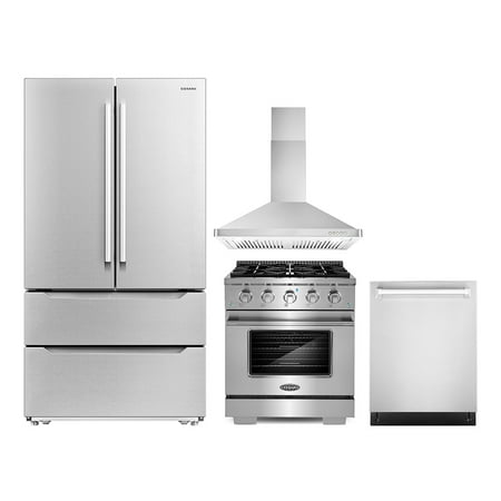 Cosmo 4 Piece Kitchen Appliance Package with 30  Freestanding Gas Range 30  Wall Mount Range Hood 24  Built-in Integrated Dishwasher & French Door Refrigerator Kitchen Appliance Bundles