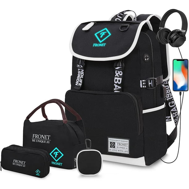 Backpack for Girls Boys, Unisex Kids Bookbag for Teenage Middle High School  College Student, 17 Laptop Daypack USB Bag Set Black 