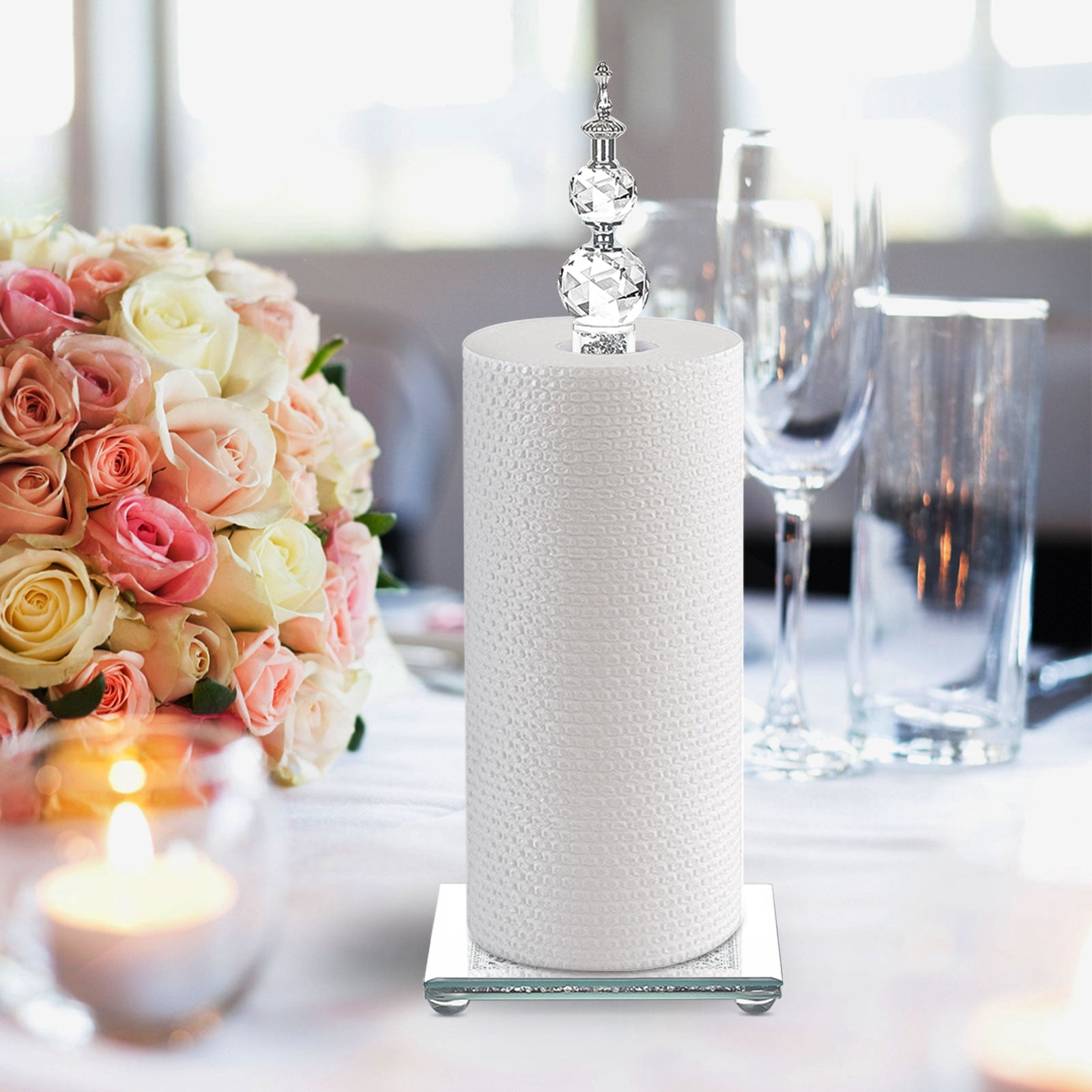 Glass Paper Towel Holder, Countertop Roll Paper Towel Holder, Square Base Crystal Shattered Diamonds Freestanding Paper Towel Holder, Crystal Shattered Diamonds Home Decor for Bathroom, Kitchen and H