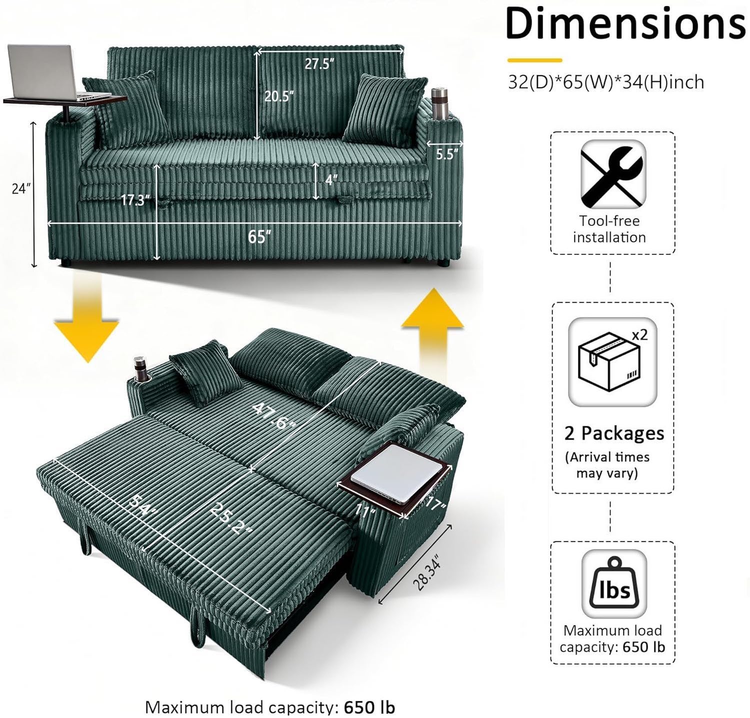 65in Sleeper Sofa Bed, 3 in 1 Convertible Pull Out Couch with Small Table, USB Ports, Cup Holders & 5-Level Adjustable Backrest, Corduroy Loveseat Sofa for Apartment, Bedroom, Living Room (Green)