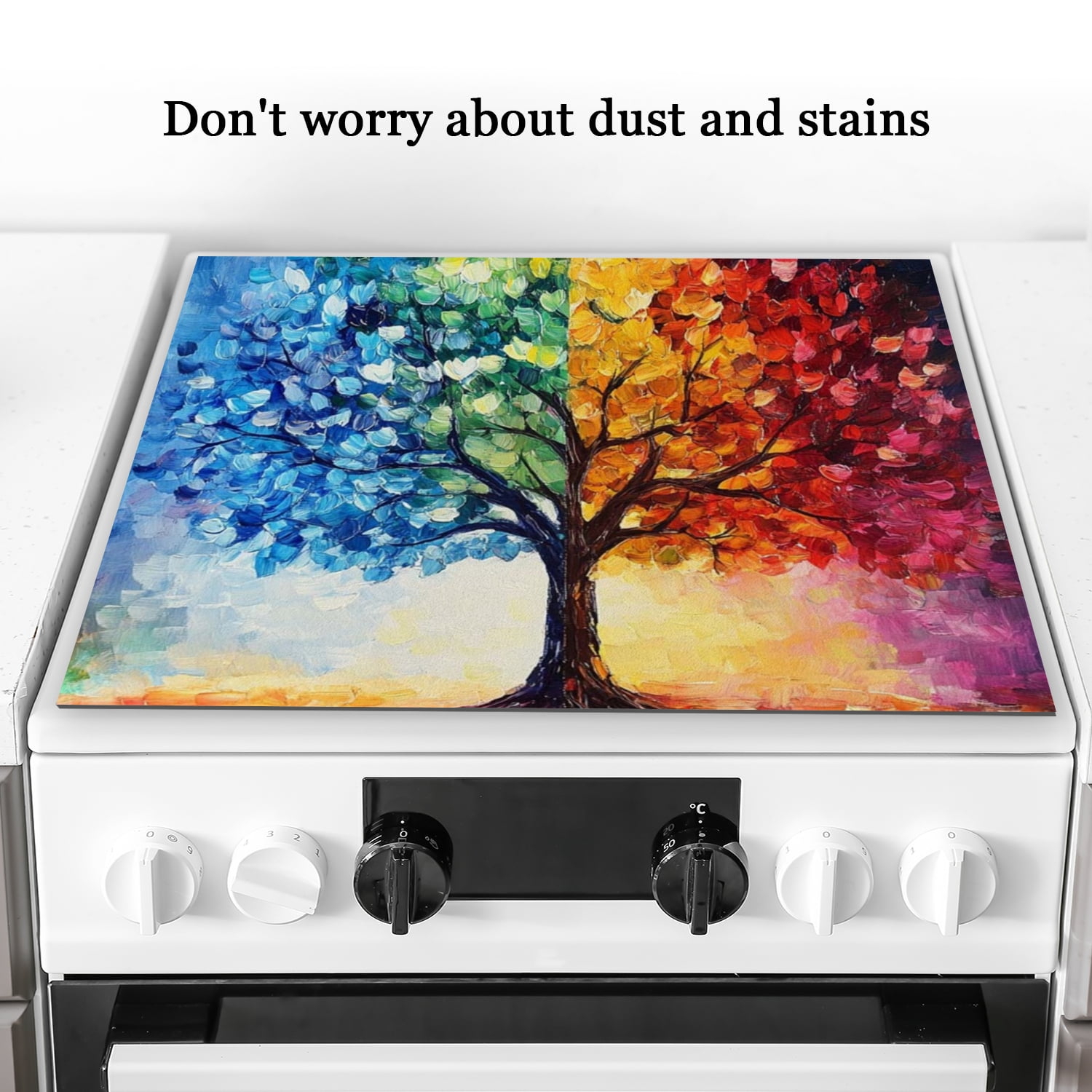 Glass Stove Top Covers For Electric Stove, Multicolored Huge Life Tree Pattern Square Glass Stovetop Cover, Washable Oilproof Dustproof Mat for Kitchen RV (28×20 Inch)