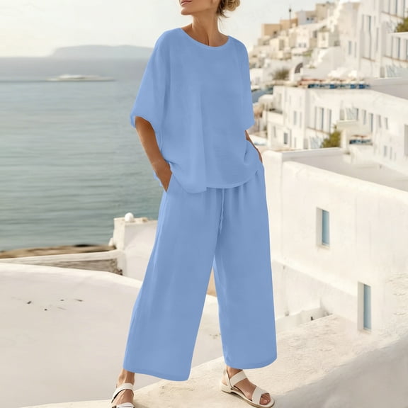 Cutuoiiu Womens Two Piece Outfit Solid Color Round Neck Short Sleeve Top and Wide Leg Pants Set for Daily Wear Gift