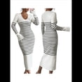 thumbnail image 2 of Vestido de Suéter A Rayas con Cuello en V para Mujer, Larga, Ajustado, Midi. Albaricoque S, 2 of 7