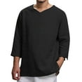 thumbnail image 3 of BADHUB Men's Cotton Linen T Shirts Big & Tall 3/4 Sleeve Lightweight Tee Shirt Solid Color Pull Up Sleeve Summer Tops 2025 Black M, 3 of 7