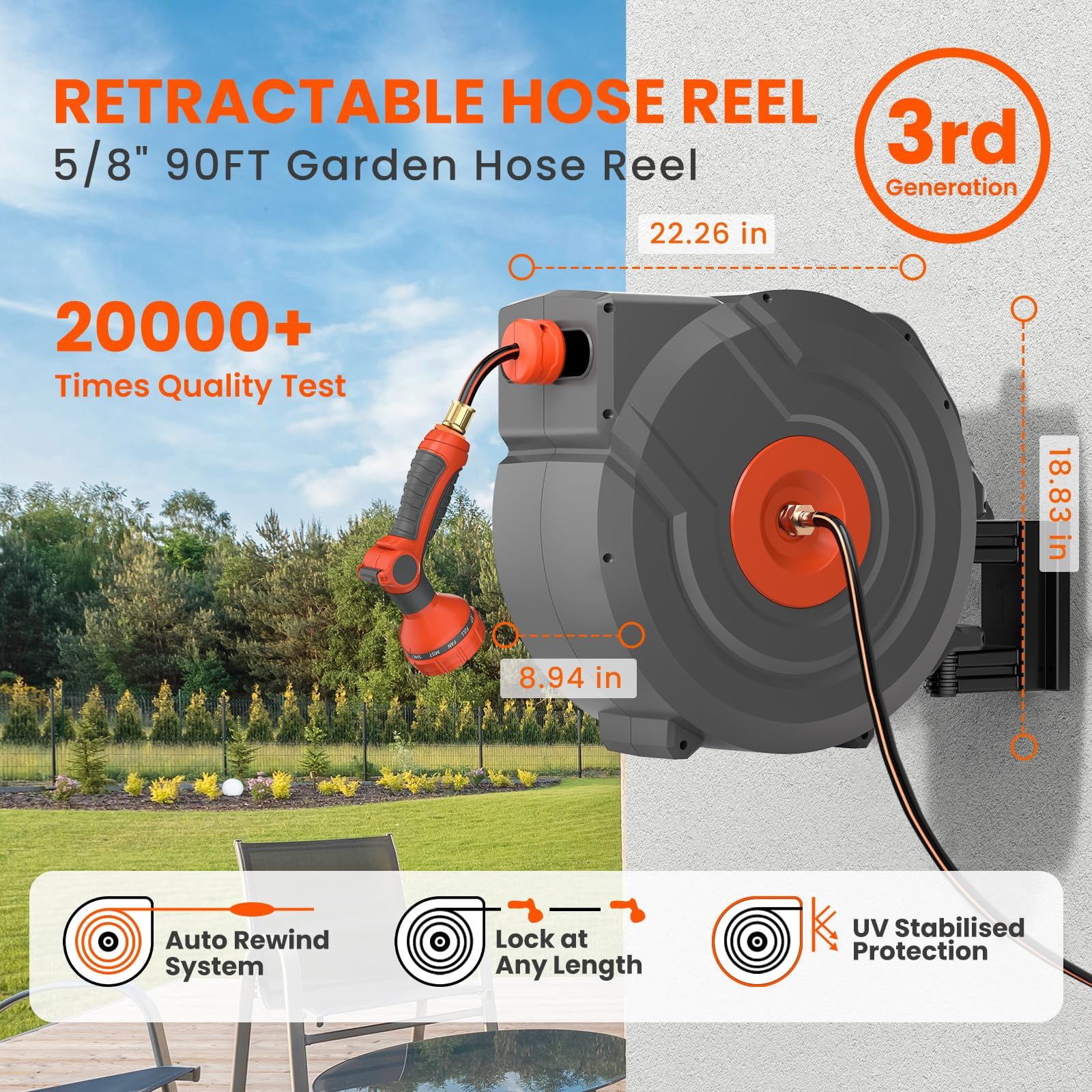 NEOTEC Heavy Duty Wall- Garden Hose Reel 5/8 in x 90 ft ，180°Swivel Automatic Slow Return Lock 9 Pattern Nozzle UV Resistant (Black)