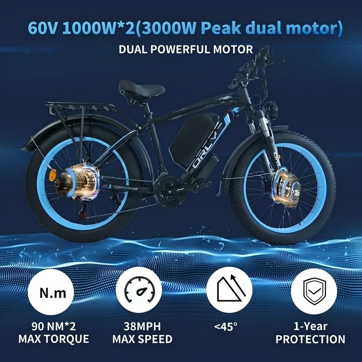 2000W Motor ORLMS TS60 26" Electric Dirt  Bike for Adults,  60V 25Ah Battery, Max 38Mph, 100 Miles Range, 26" Fat Tire All Terrain E-Bike UL2849 MTB