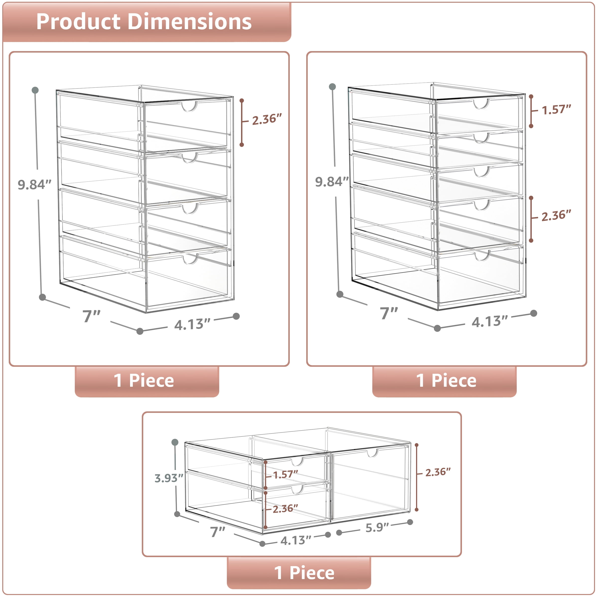 Sorbus 3-Piece Clear Acrylic Makeup Organizer with 12 Drawers, Stackable Storage Bins