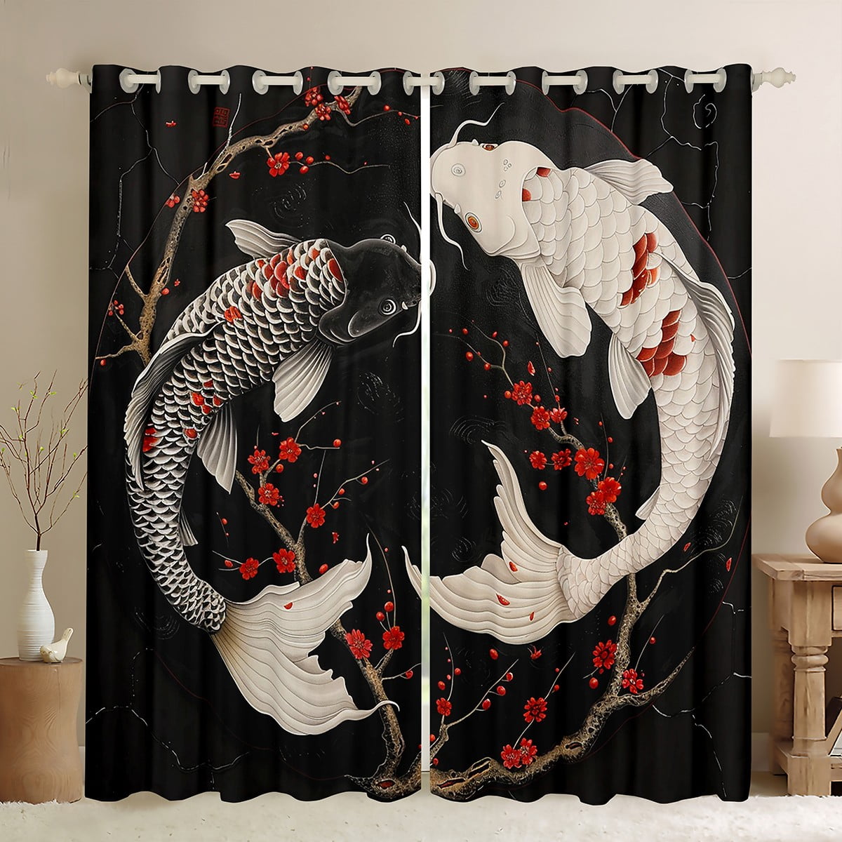 YST Ying Yang Koi Fish Blackout Curtains Black White Couple Koi