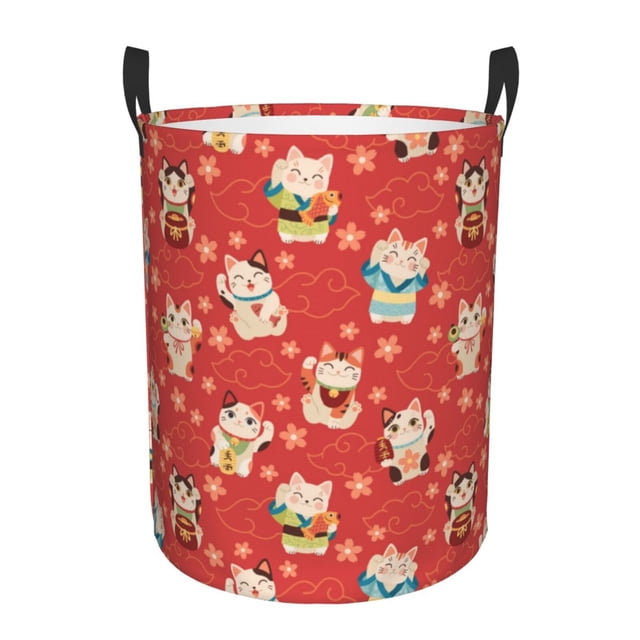 Balery Japanese Maneki Cats Cesta de ropa redonda con asas, impermeable, independiente, para ropa, juguetes, dormitorio y familia-Small