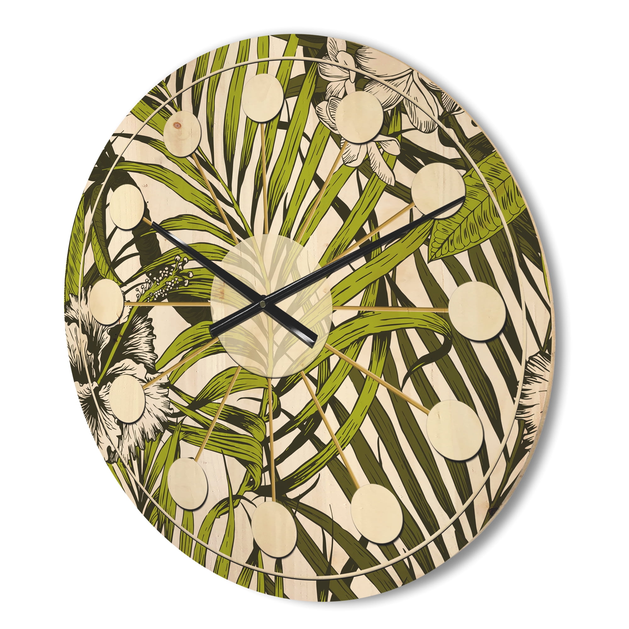 Designart 'Palm Tropical Leaves I' Mid-Century Modern Wood Wall Clock