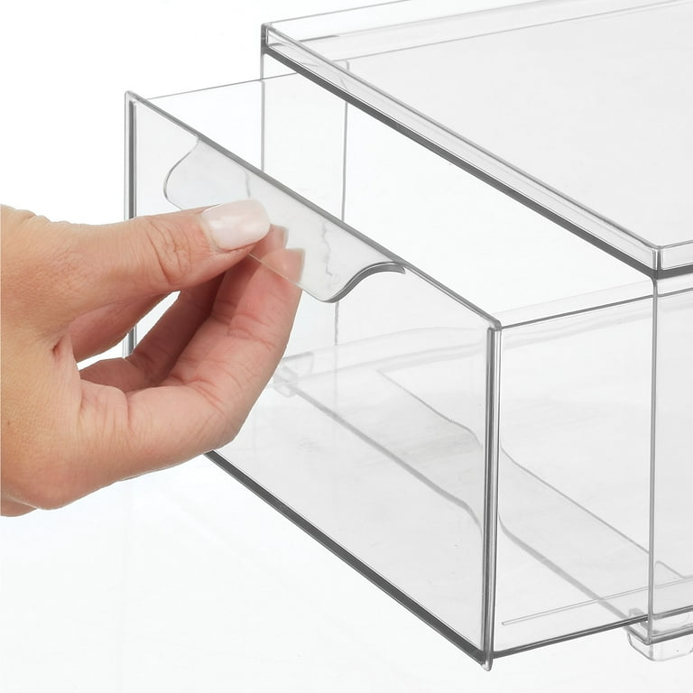 mDesign Plastic Stackable Kitchen Storage Organizer with Drawer - 4 Pack,  Clear