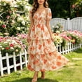 thumbnail image 5 of Women's Puff Sleeve Summer Vacation Maxi Dress, Boho Floral Print Square Neck Layered Wedding Guest Beach Dresses, 5 of 8