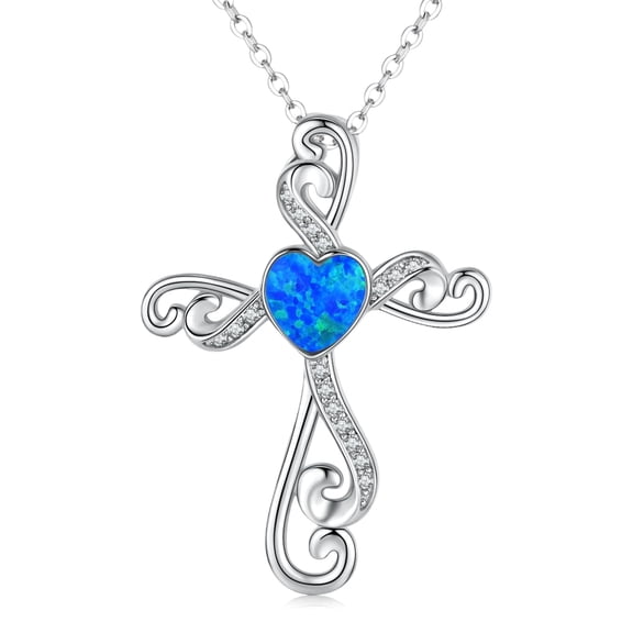 Coachuhhar Cross Necklace 925 Sterling Silver Heart Blue Opal Pendant Necklace Cross Jewelry Gifts for Women