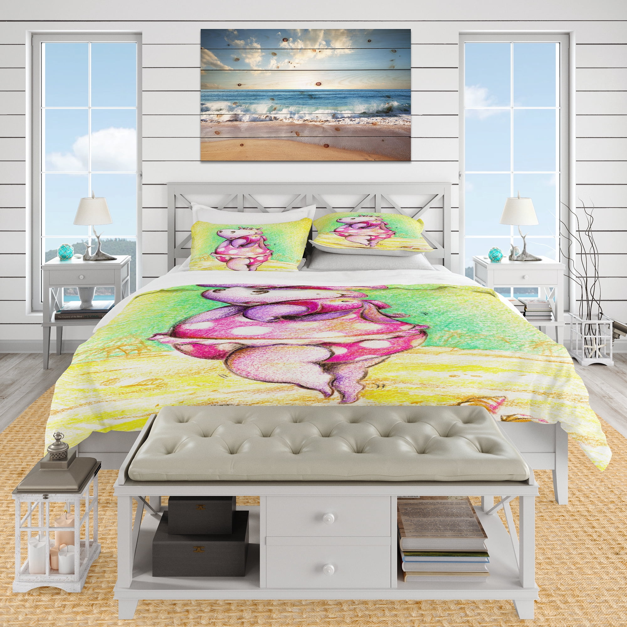 Designart 'Cute Hippo Goes Swimming' Tropical Duvet Cover Set