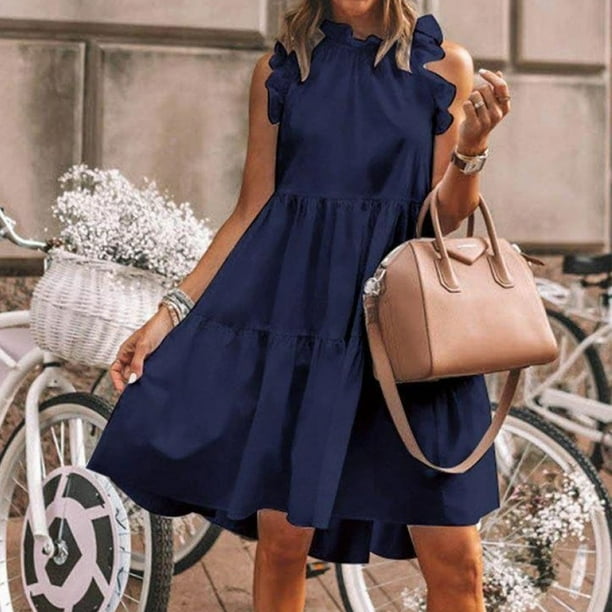Vestido Midi De Verano Vestido elegante para mujer Vestido suelto con volantes informales Vestido de fiesta del club (Azul marino S) Cgtredaw Para estrenar