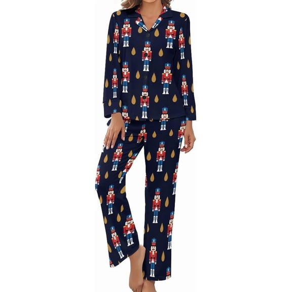 SKQIT Womens Pajamas Set Nutcracker Soldier Pattern Soft Long Sleeve Sleepwear Button Down Sets
