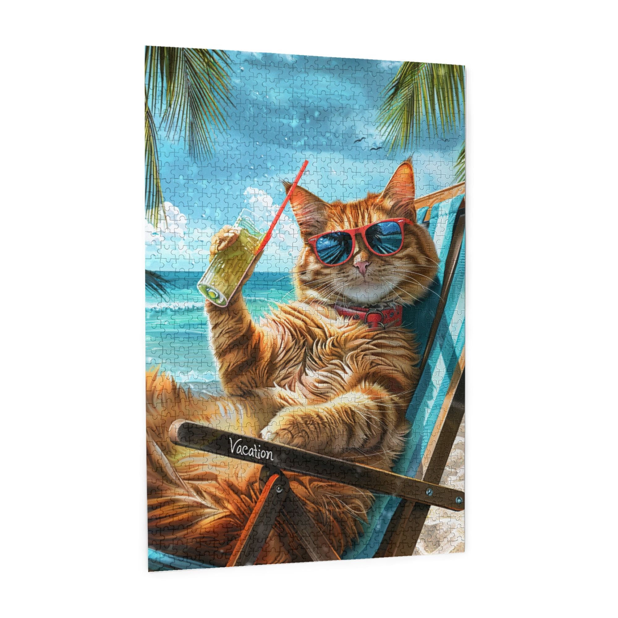 1000 pcs 1000 Piece Vibrant Wooden Jigsaw Puzzle Cat's Beach Time,Unique Artwork for Adults,Funny Cat's Beach Time Stress relieving puzzle 1000 Piece,Great for Relaxation and Display for Puzzle Lover