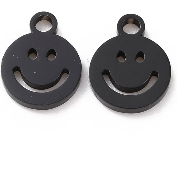 PVD Vacuum Plating 304 Stainless Steel Charms Cut-Out Manual Polishing Hollow Flat Round with Smile Electrophoresis Black 8x6x1mm Hole: 0.8mm